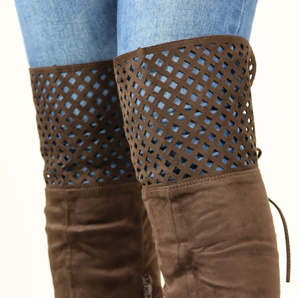 Brown Thigh High Over The Knee Flat Boots Faux Suede - Picture 12 of 14